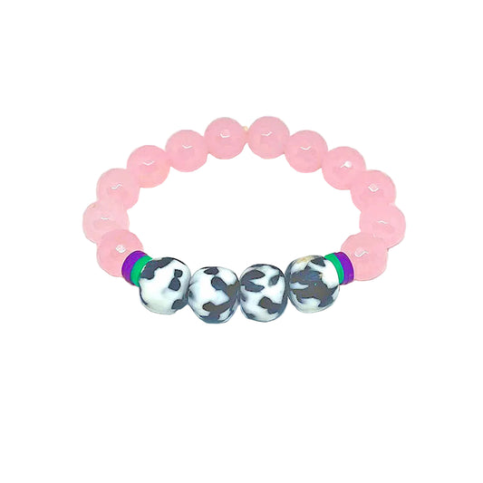 Faceted Light Pink Jade Stretch Bracelet Accented with Black and White African Glass Beads