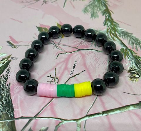 Black Onyx Stretch Bracelet Accented with Pink, Green and Yellow Vinyl Spacers