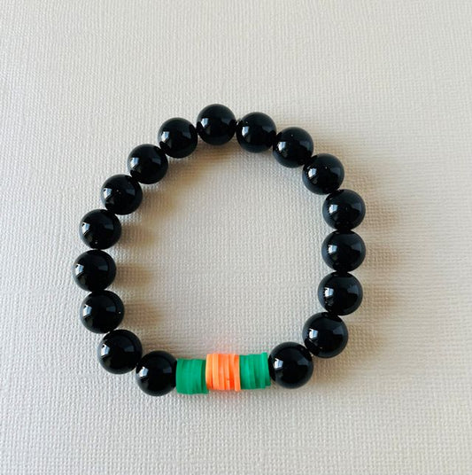 Black Onyx Stretch Bracelet with Green and Orange Vinyl Spacers