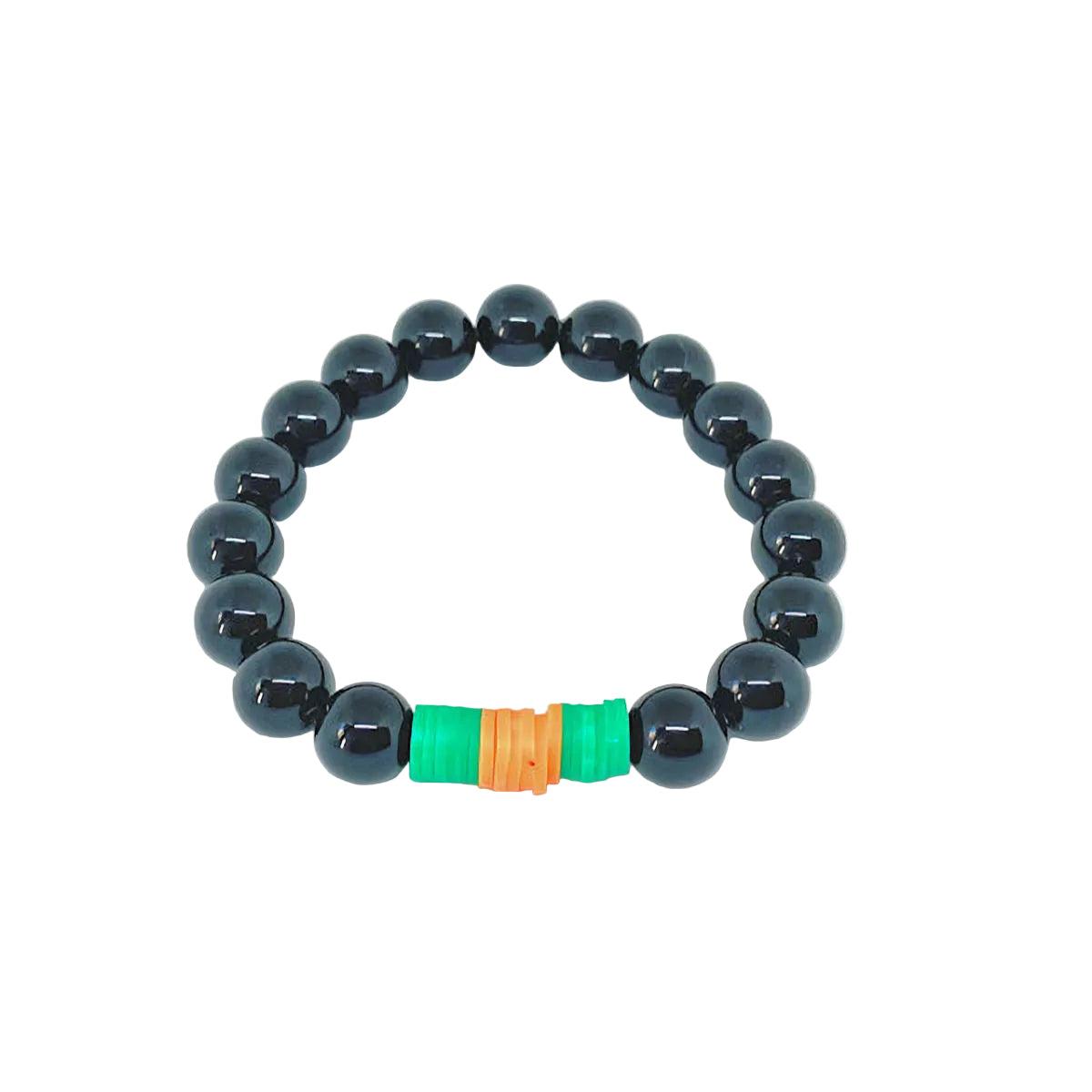 Black Onyx Stretch Bracelet with Green and Orange Vinyl Spacers