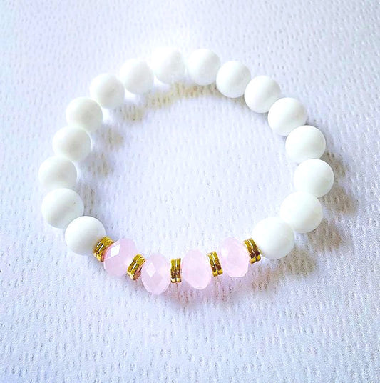 White Agate Stretch Bracelet with Rose Quartz Beads