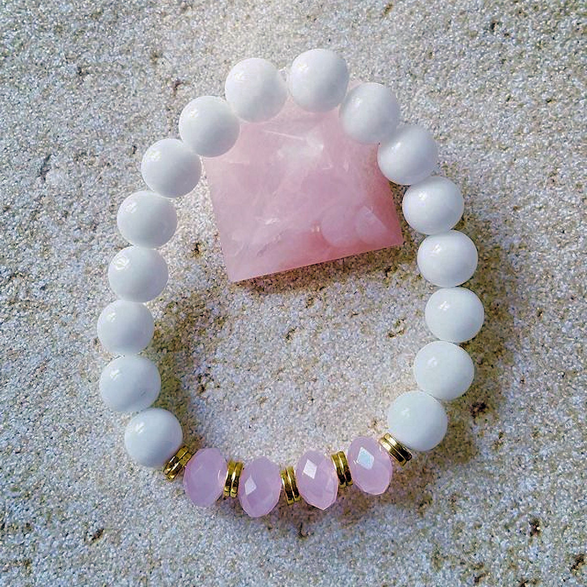 White Agate Stretch Bracelet with Rose Quartz Beads