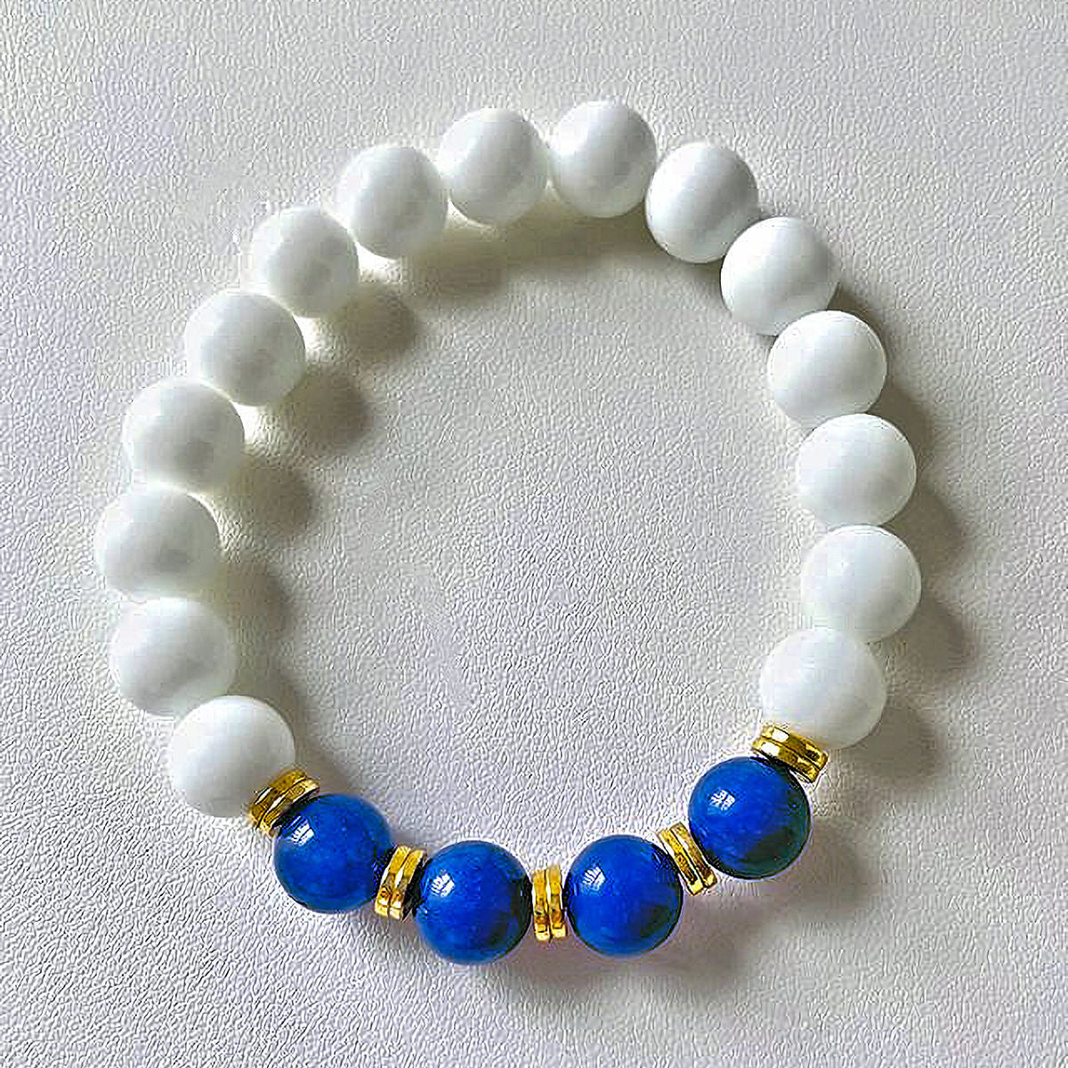White Agate Stretch Bracelet with Blue Agate Beads