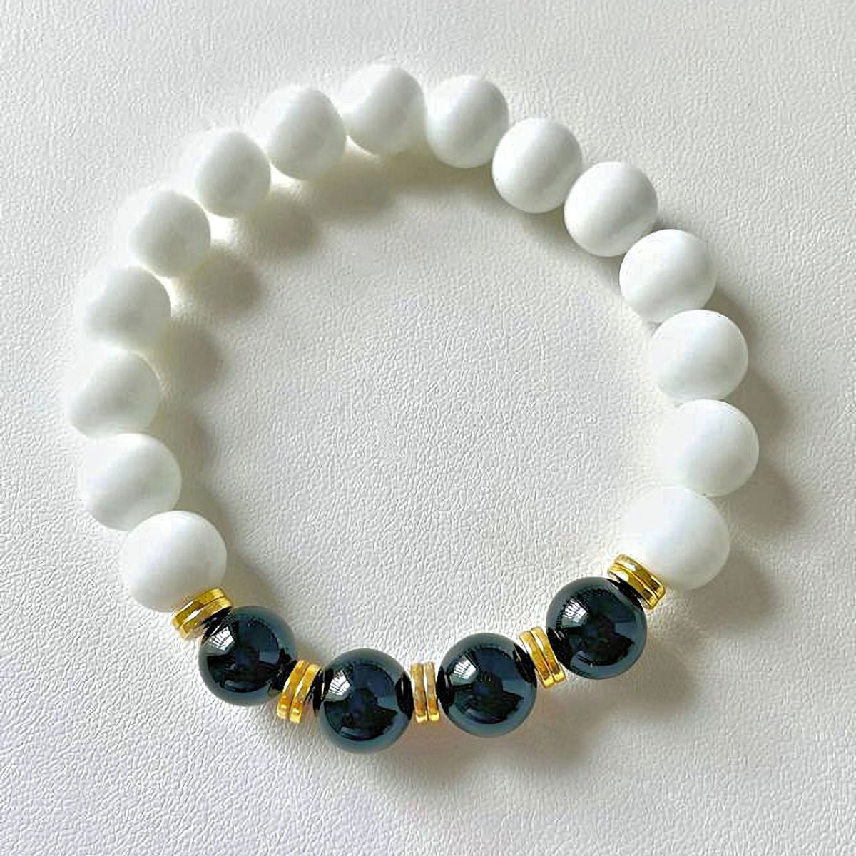 White Agate Stretch Bracelet with Black Onyx Beads