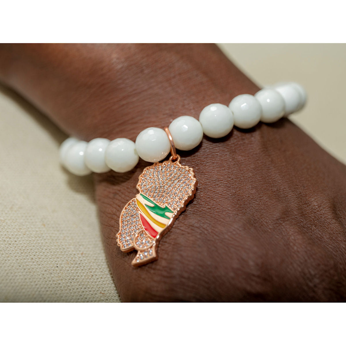 White Agate Stretch Bracelet with Pave Lady Charm
