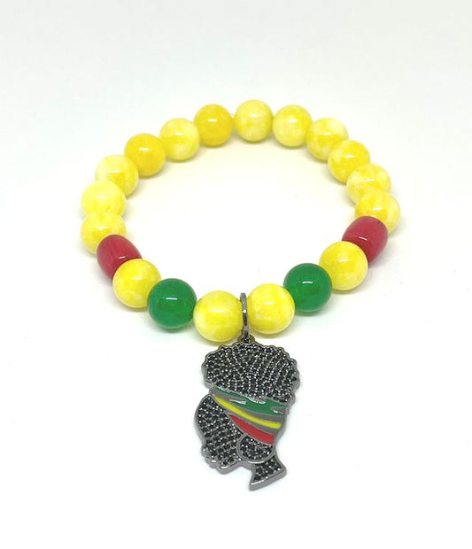 Yellow, Green, and Red Jade Stretch Bracelet with Pave Lady Charm