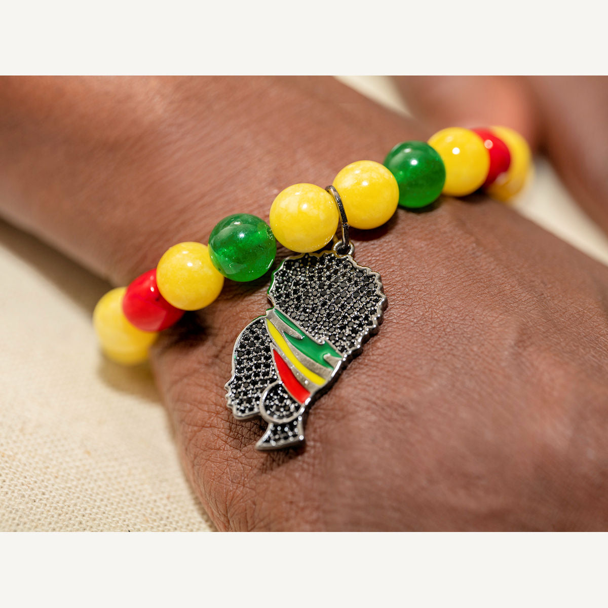 Yellow, Green, and Red Jade Stretch Bracelet with Pave Lady Charm