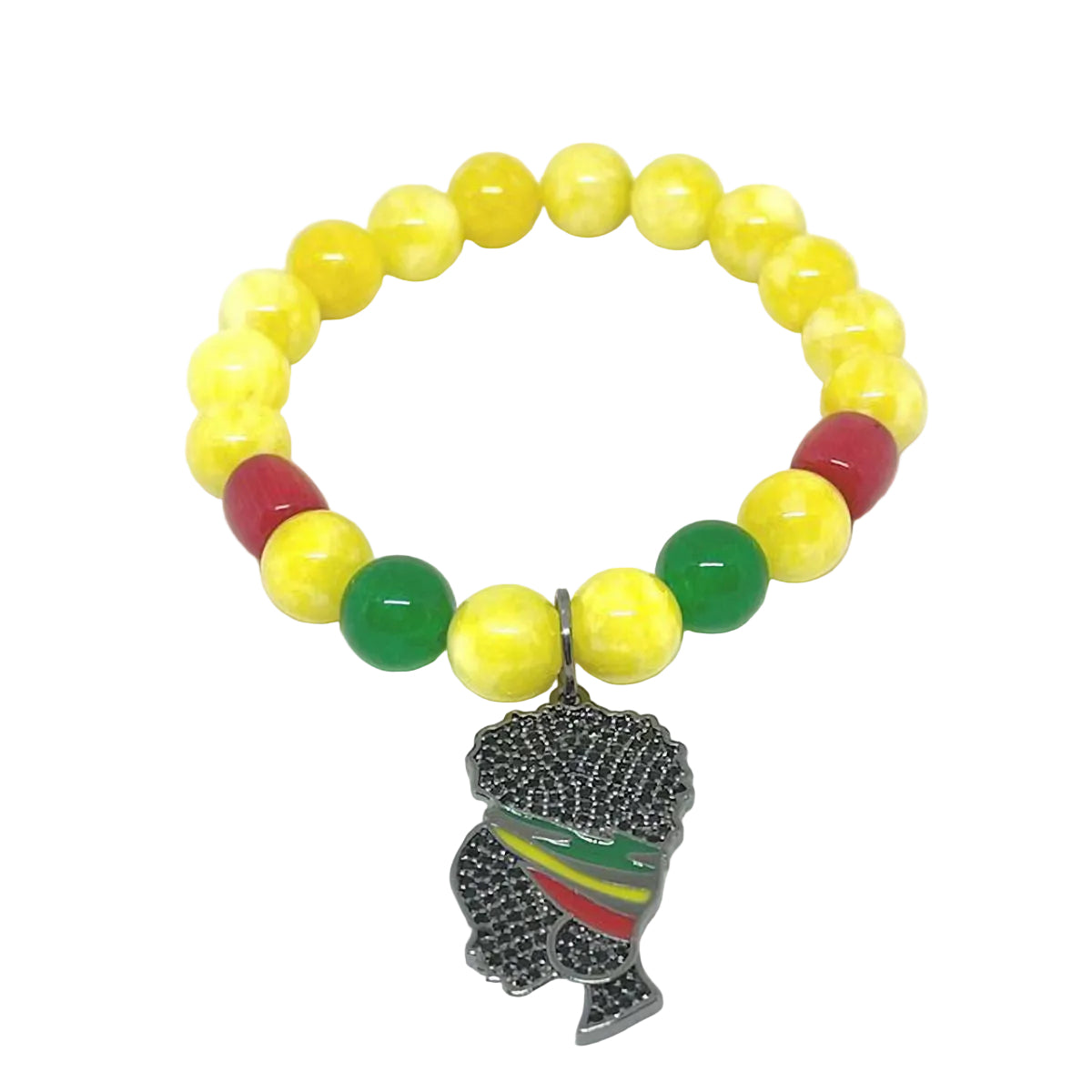 Yellow, Green, and Red Jade Stretch Bracelet with Pave Lady Charm