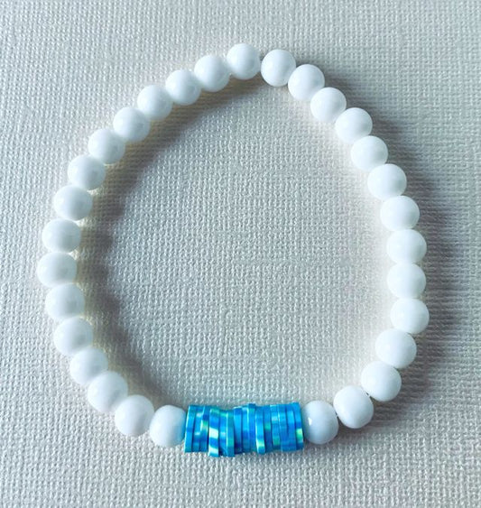 White Agate Stretch Bracelet with Blue and Green Vinyl Beads