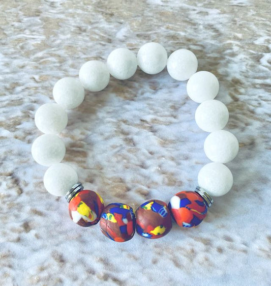 White Agate Stretch Bracelet Accented with Multicolored Glass Beads