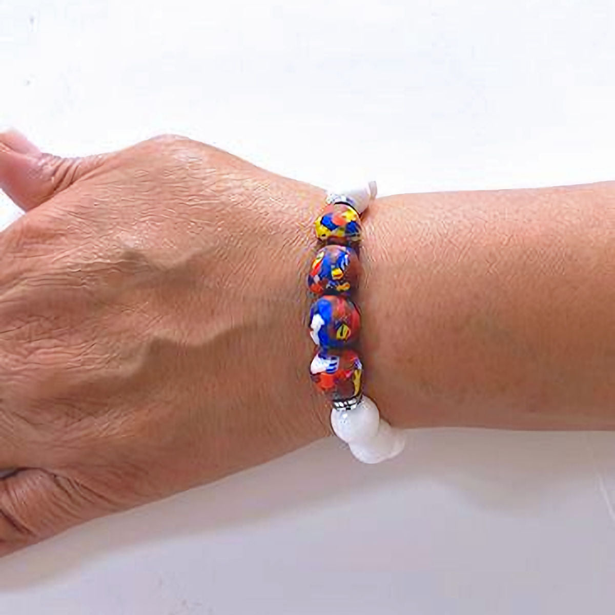 White Agate Stretch Bracelet Accented with Multicolored Glass Beads