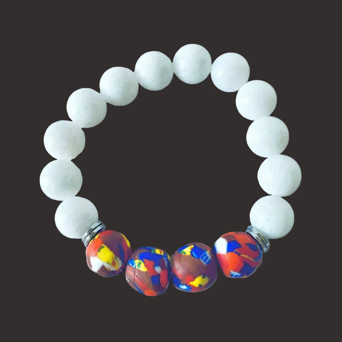 White Agate Stretch Bracelet Accented with Multicolored Glass Beads