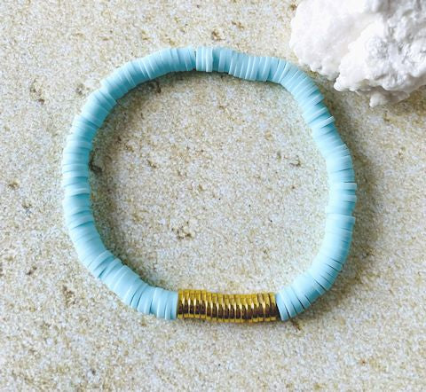 Light Blue Heishi Stretch Bracelet with Gold Hematite Disc