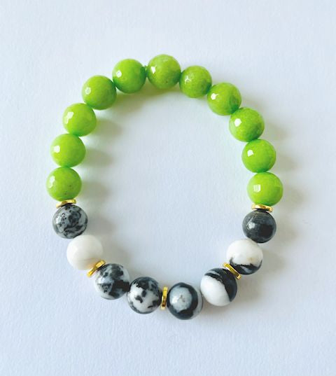 Faceted Green Jade Stretch Bracelet with Zebra Jasper Beads