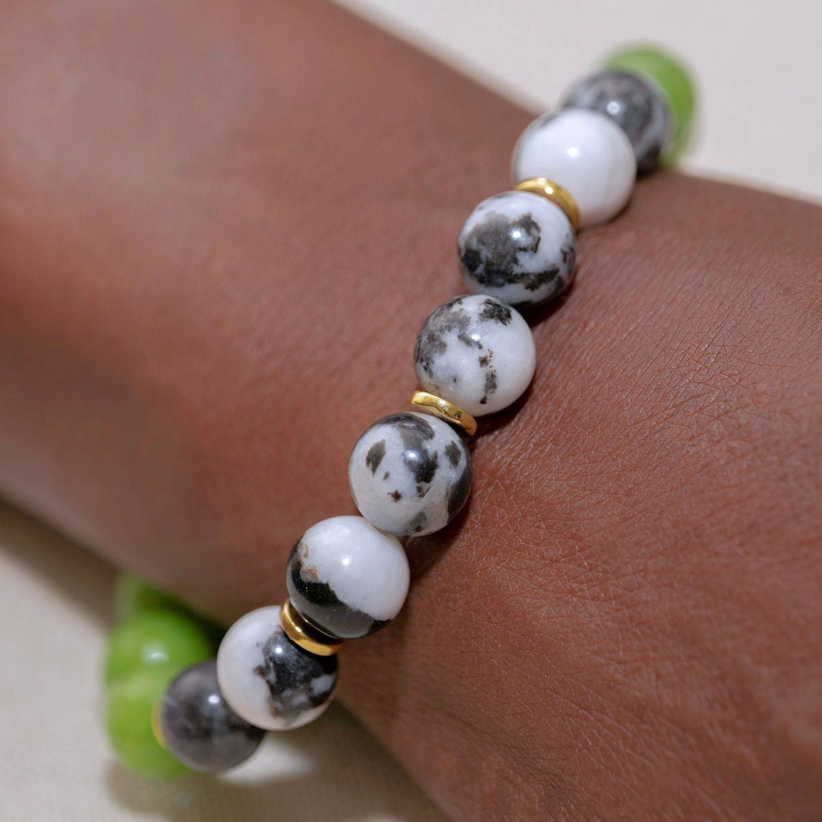 Faceted Green Jade Stretch Bracelet with Zebra Jasper Beads