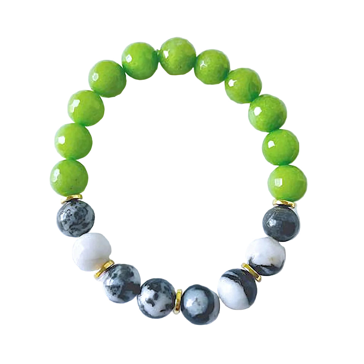 Faceted Green Jade Stretch Bracelet with Zebra Jasper Beads