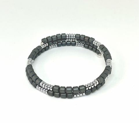 Dark Gray and Silver Hematite Memory Wire Wrapped Bracelet