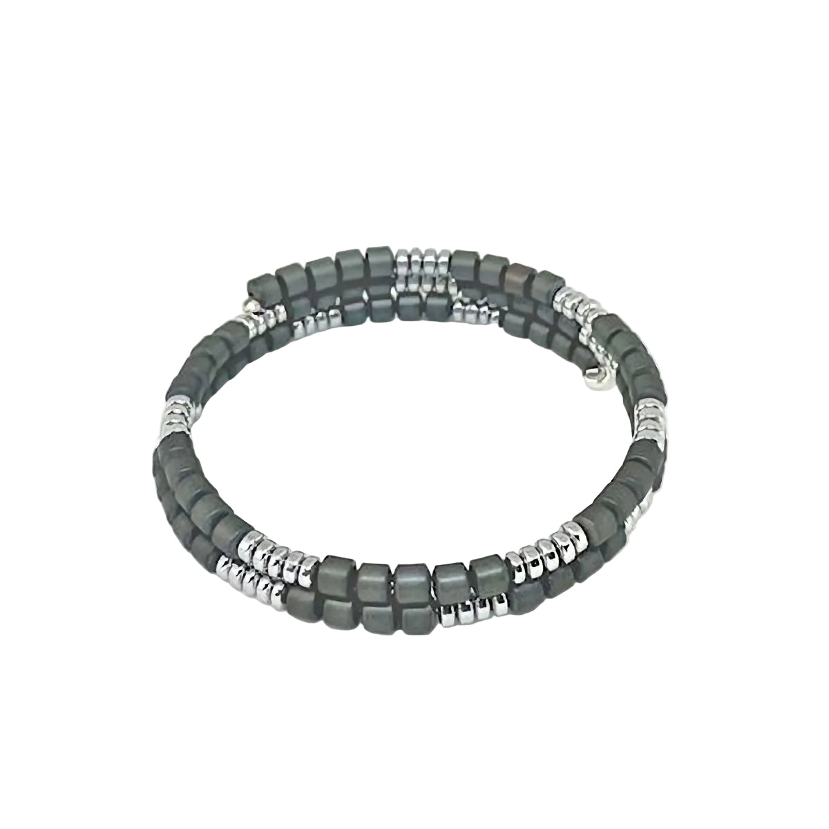 Dark Gray and Silver Hematite Memory Wire Wrapped Bracelet