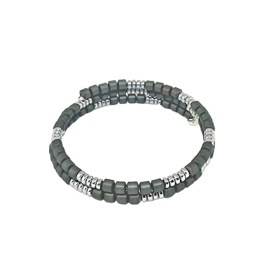 Dark Gray and Silver Hematite Memory Wire Wrapped Bracelet