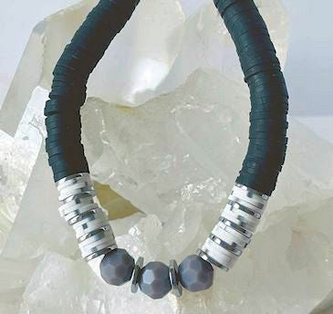 Black, Gray, and White Heishi Bracelet Accented with Faceted Gray Beads