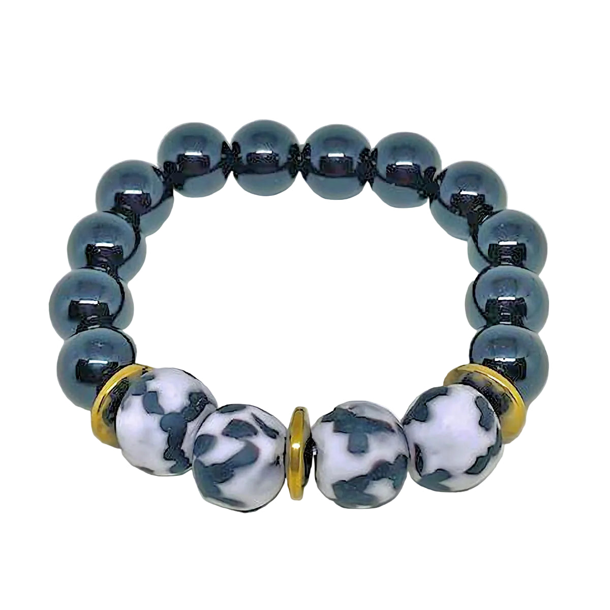 Stretch Bracelet with Combo Black Onyx Plus White and Black Glass Beads