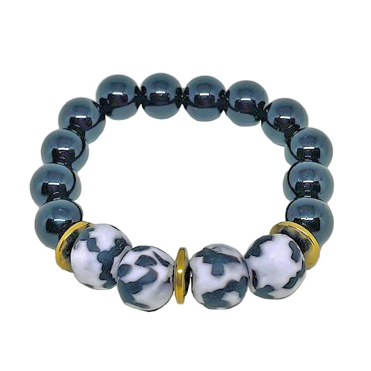 Stretch Bracelet with Combo Black Onyx Plus White and Black Glass Beads