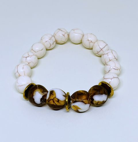 Natural Cream Howlite Bracelet with Brown and White Glass Beads