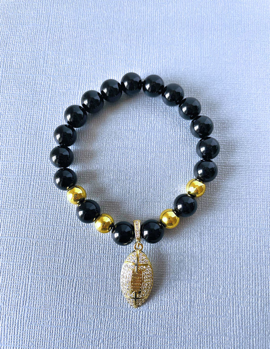 Black Onyx and Gold Hematite Football Charm Stretch Bracelet