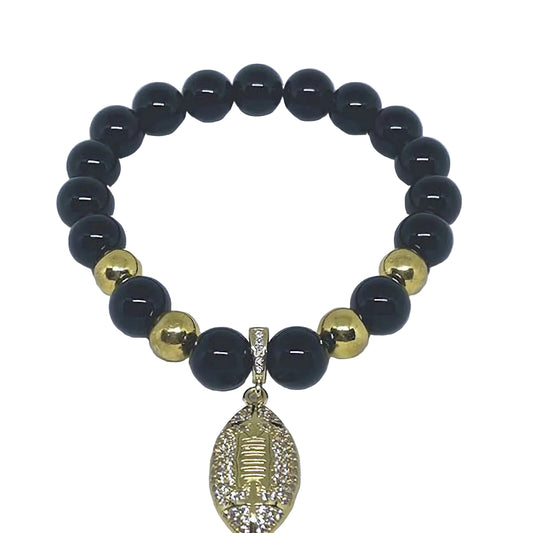 Black Onyx and Gold Hematite Football Charm Stretch Bracelet