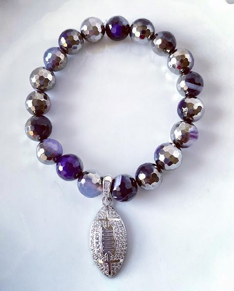 Plated Purple Striped Agate with Pave Silver Football Charm