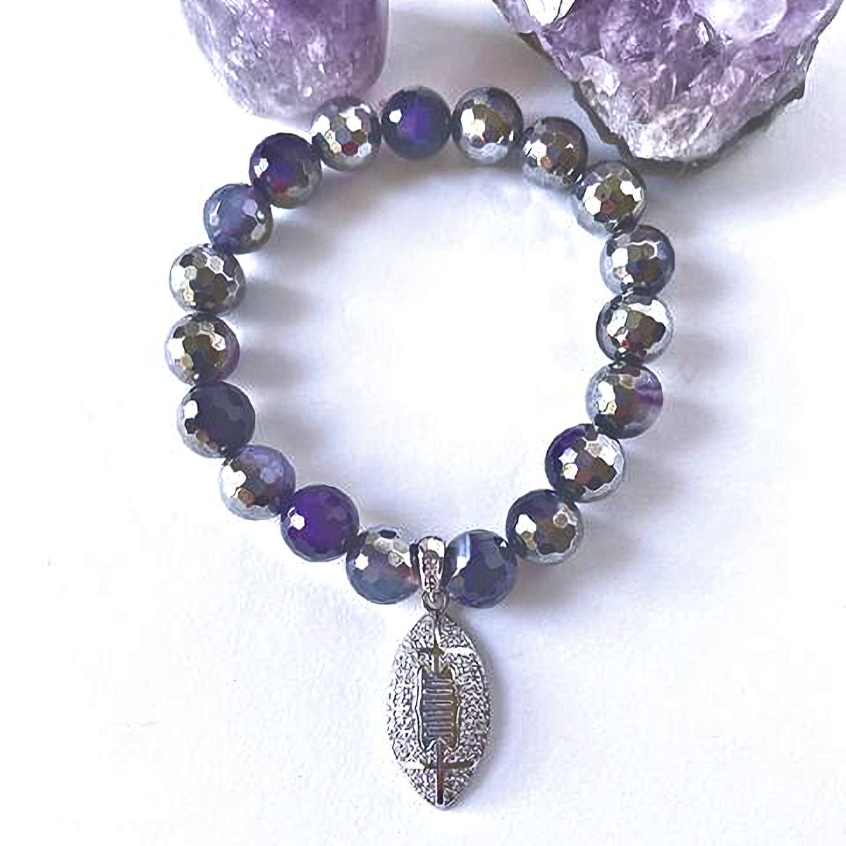 Plated Purple Striped Agate with Pave Silver Football Charm