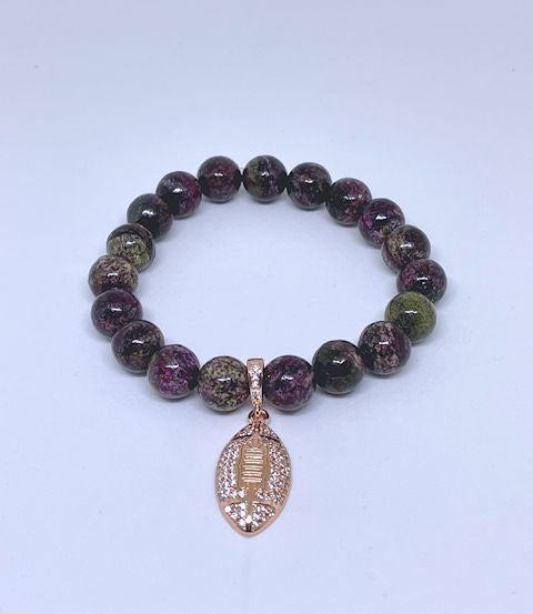 Dragon Blood Agate Stretch Bracelet with Rose Gold Football Charm