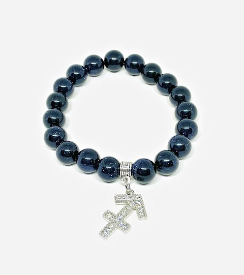 Blue Goldstone Stretch Bracelet with Sagittarius Zodiac Charm