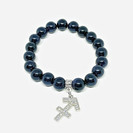 Blue Goldstone Stretch Bracelet with Sagittarius Zodiac Charm