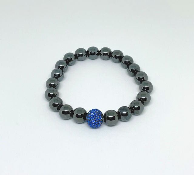 Dark Gray Hematite Stretch Bracelet with Royal Blue Crystal Bead