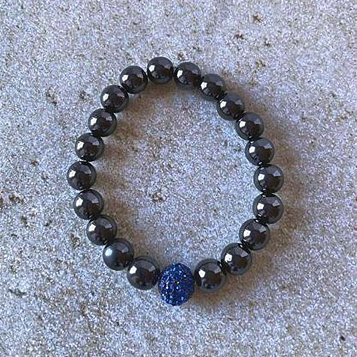 Dark Gray Hematite Stretch Bracelet with Royal Blue Crystal Bead