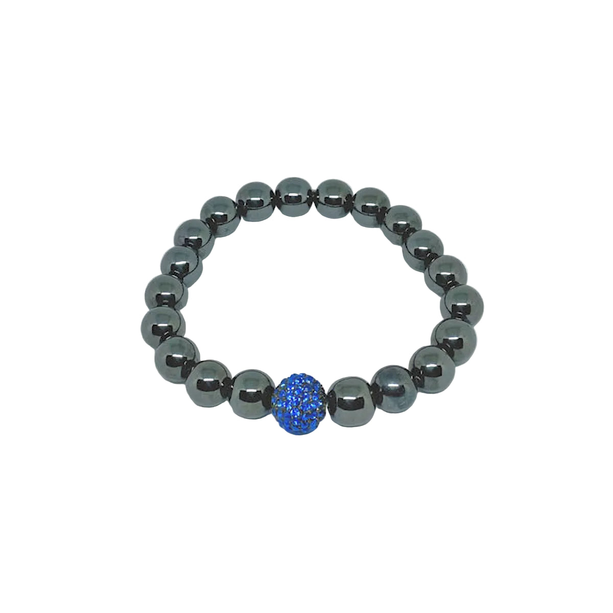 Dark Gray Hematite Stretch Bracelet with Royal Blue Crystal Bead
