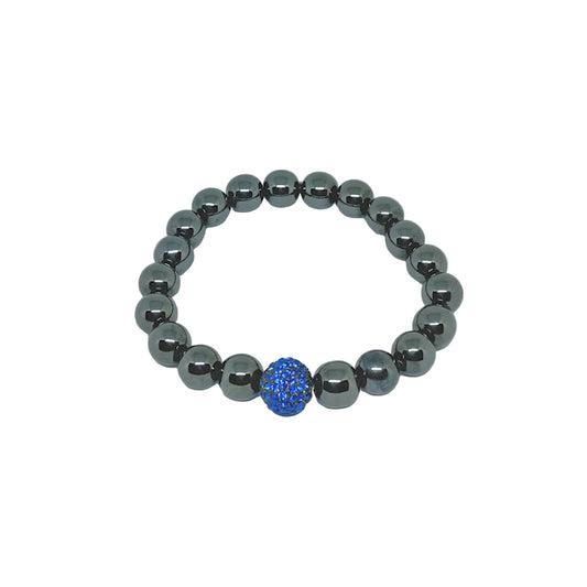 Dark Gray Hematite Stretch Bracelet with Royal Blue Crystal Bead