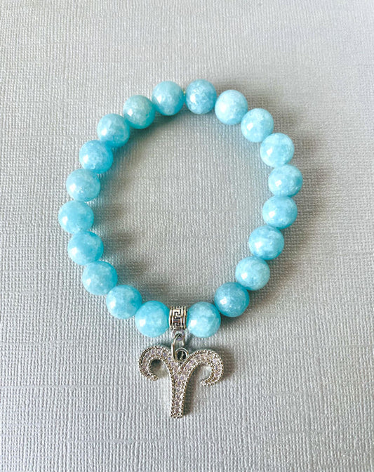 Aquamarine Stretch Bracelet with Aries Zodiac Charm