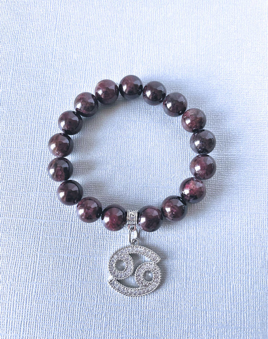 Ruby Beaded Stretch Bracelet with Cancer Zodiac Charm