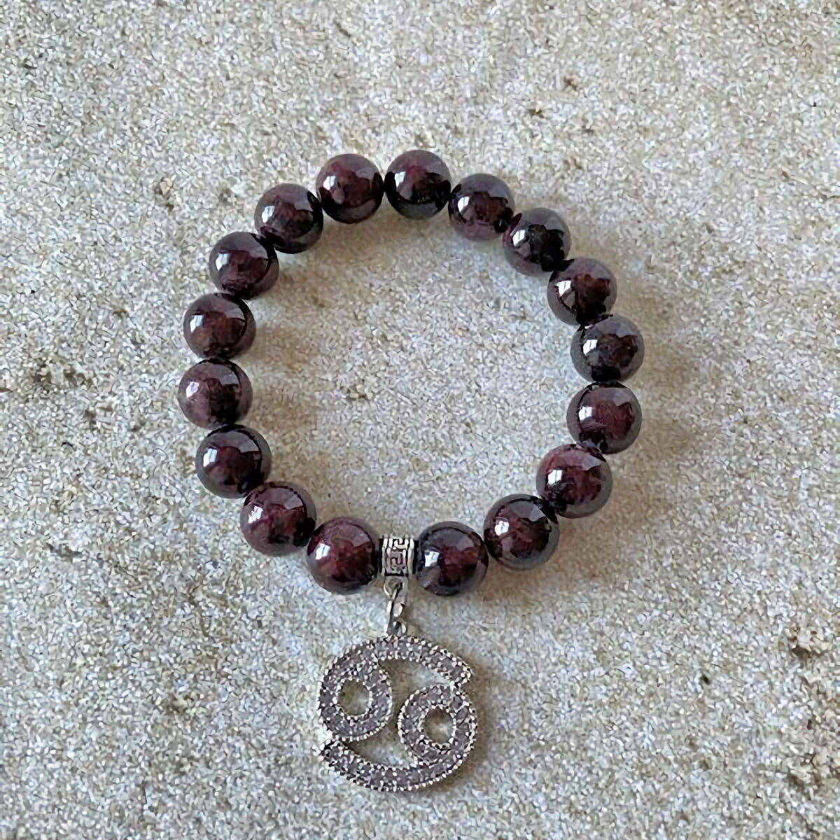 Ruby Beaded Stretch Bracelet with Cancer Zodiac Charm