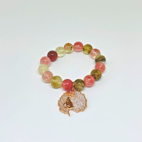 Cherry Quartz Stretch Bracelet with Pave Afro Queen Charm