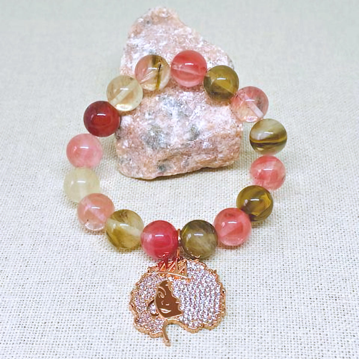 Cherry Quartz Stretch Bracelet with Pave Afro Queen Charm