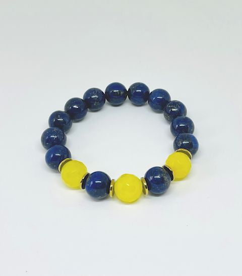 Dyed Blue Lapis Stretch Bracelet with Faceted Yellow Jade Beads