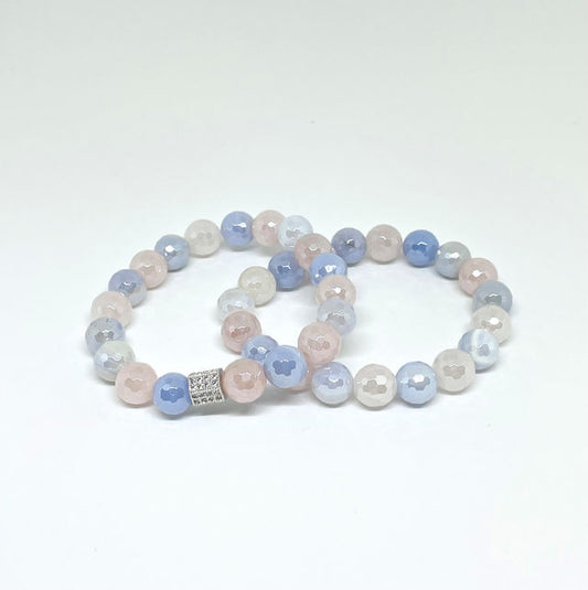 Faceted Pastel Agate Stretch Bracelet Set with Pave Silver Spacer