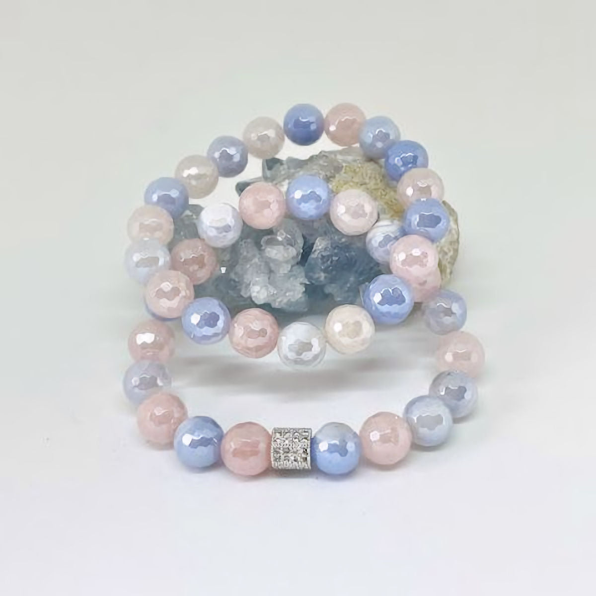 Faceted Pastel Agate Stretch Bracelet Set with Pave Silver Spacer
