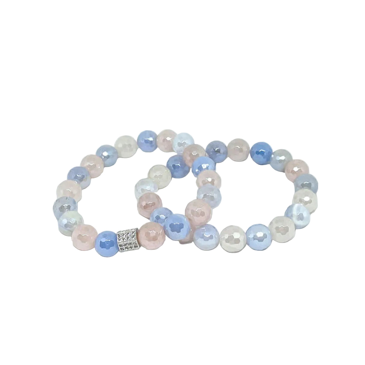 Faceted Pastel Agate Stretch Bracelet Set with Pave Silver Spacer