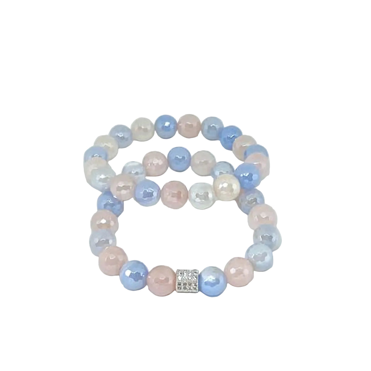 Faceted Pastel Agate Stretch Bracelet Set with Pave Silver Spacer