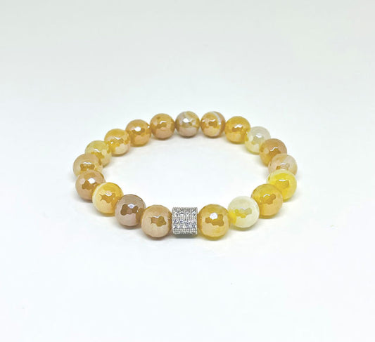 Yellow Striped Agate Stretch Bracelet with Pave Silver Spacer