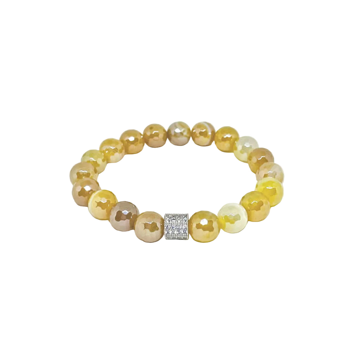 Yellow Striped Agate Stretch Bracelet with Pave Silver Spacer